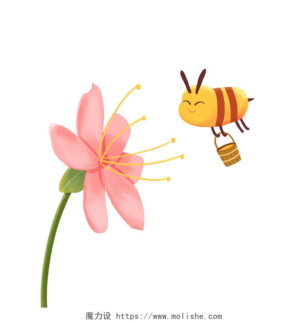 卡通可爱蜜蜂采蜜花朵木桶春天元素PNG素材